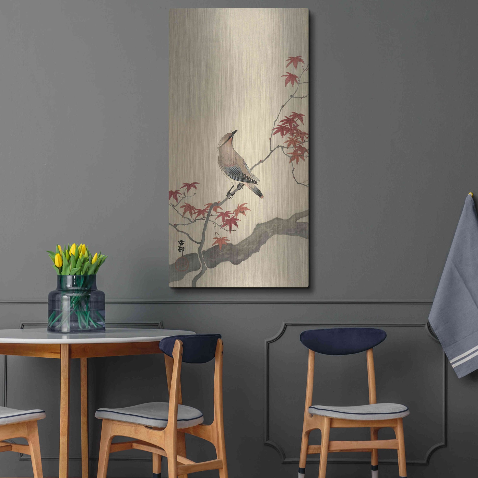 Luxe Metal Art 'Japanese Waxwing on Maple 1900-1936' by Ohara Koson, Metal Wall Art,24x48