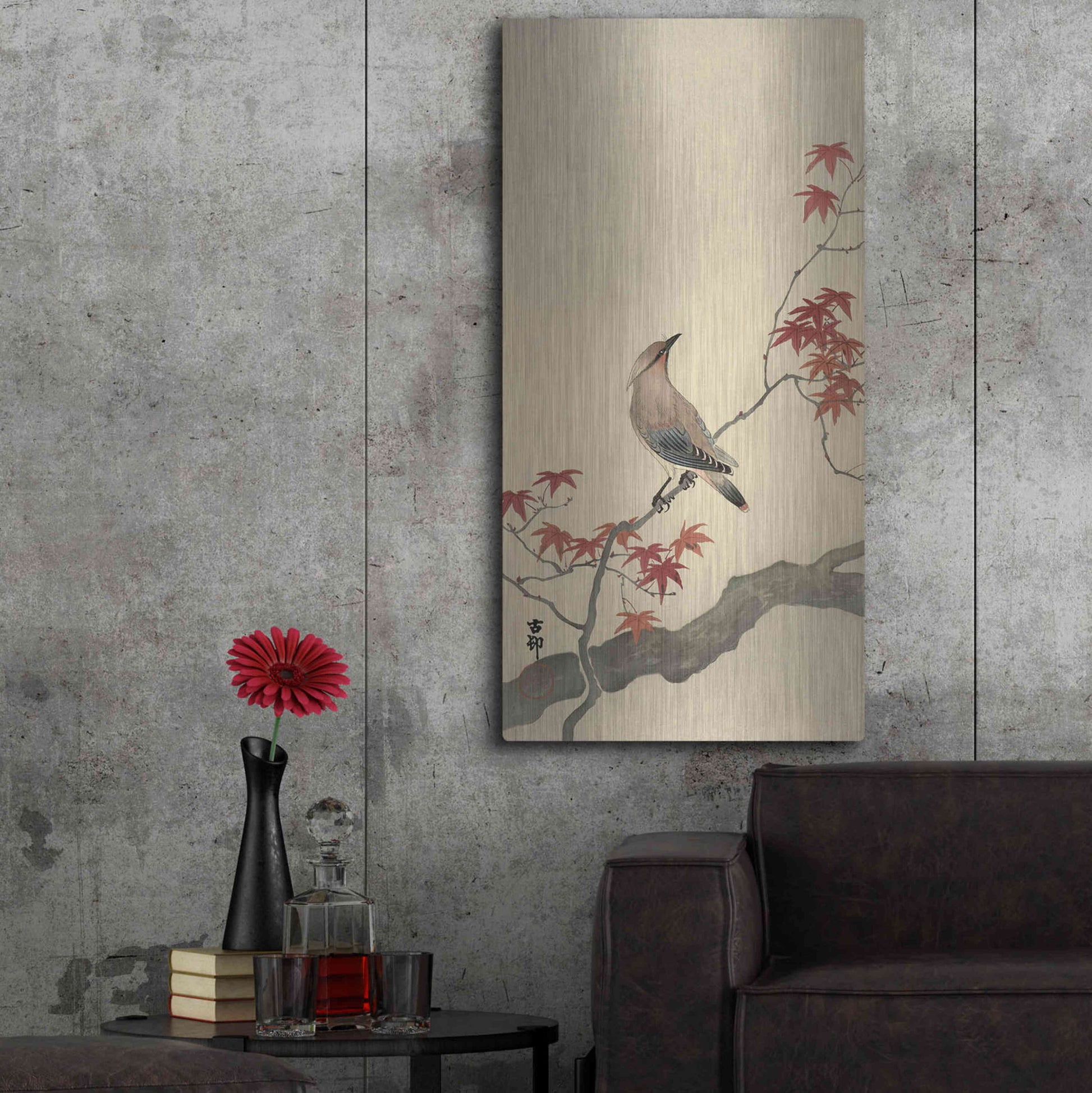 Luxe Metal Art 'Japanese Waxwing on Maple 1900-1936' by Ohara Koson, Metal Wall Art,24x48
