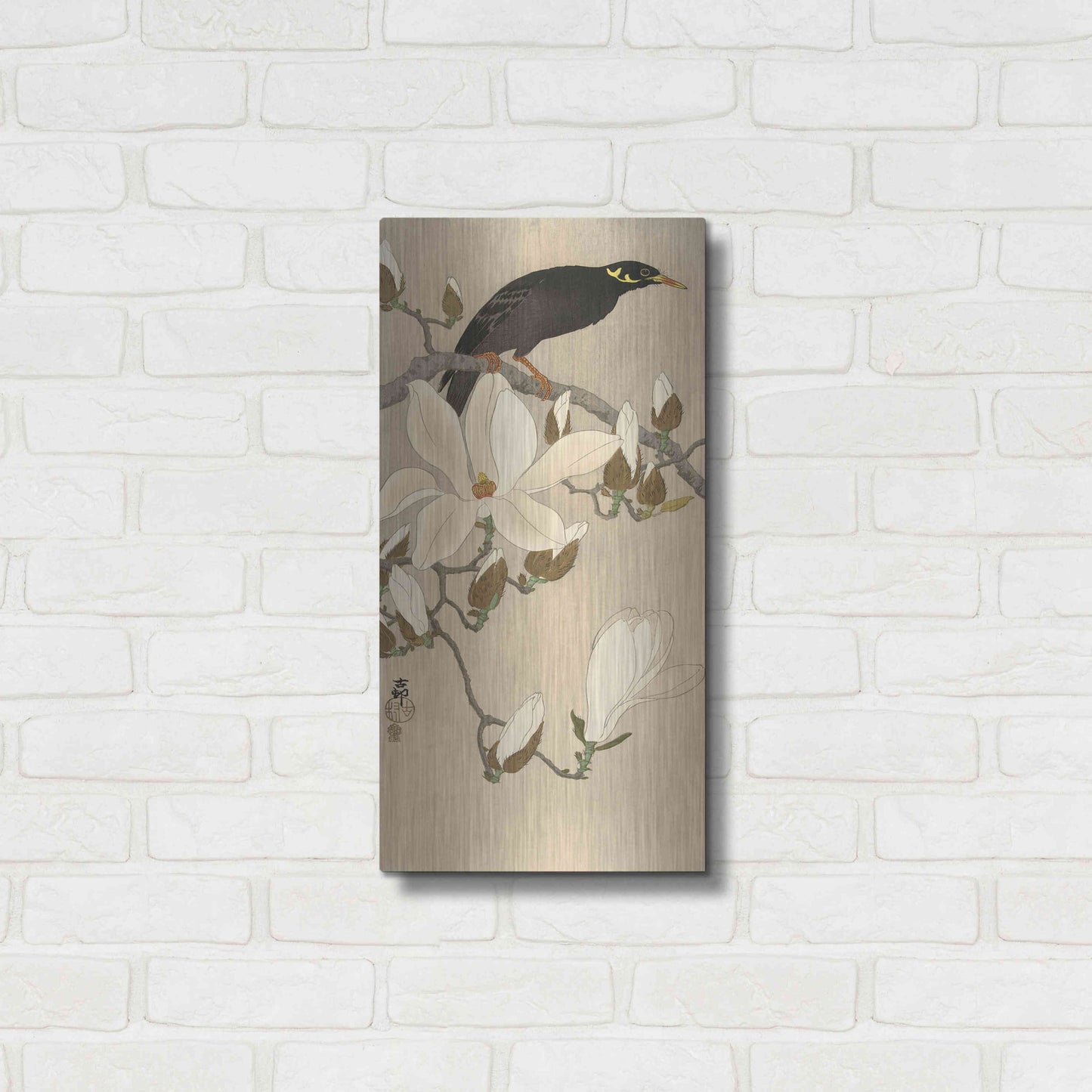 Luxe Metal Art 'Myna on Magnolia Branch 1900-1910' by Ohara Koson, Metal Wall Art,12x24