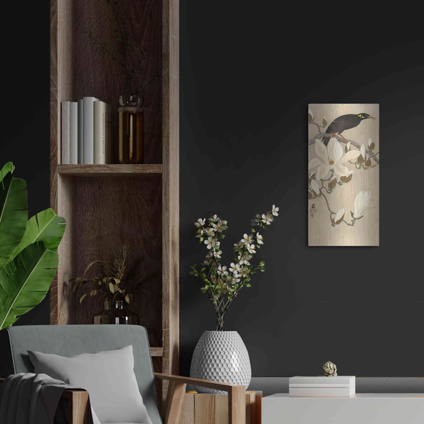 Luxe Metal Art 'Myna on Magnolia Branch 1900-1910' by Ohara Koson, Metal Wall Art,12x24