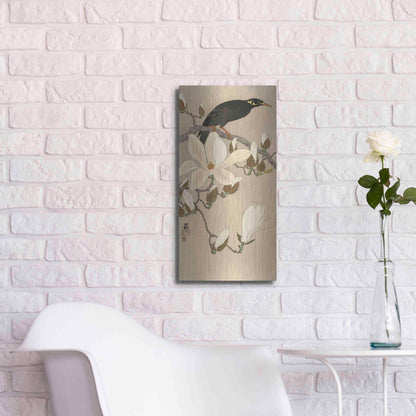 Luxe Metal Art 'Myna on Magnolia Branch 1900-1910' by Ohara Koson, Metal Wall Art,12x24