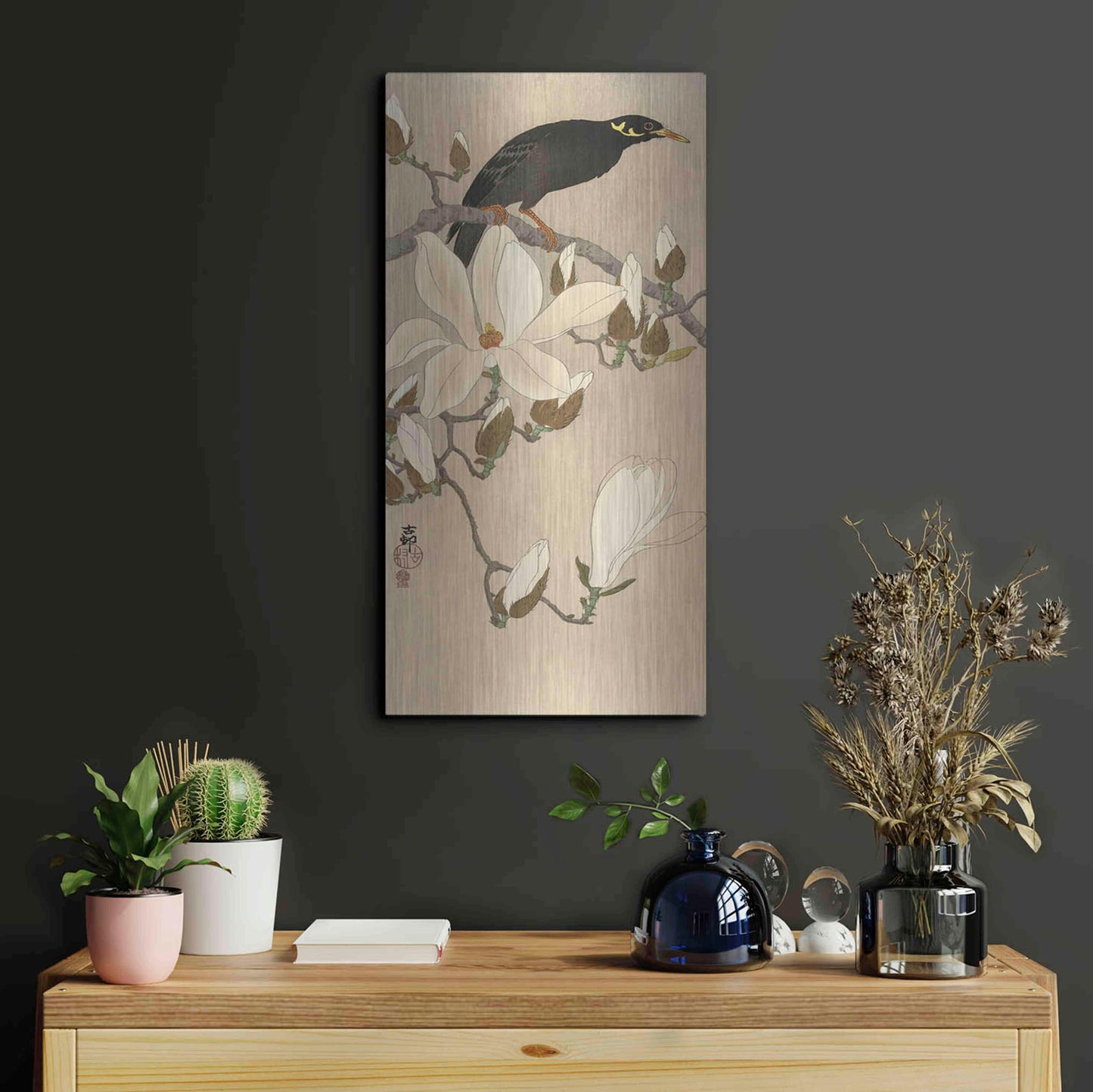 Luxe Metal Art 'Myna on Magnolia Branch 1900-1910' by Ohara Koson, Metal Wall Art,12x24