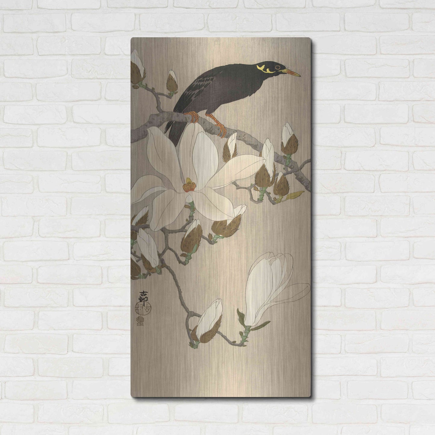 Luxe Metal Art 'Myna on Magnolia Branch 1900-1910' by Ohara Koson, Metal Wall Art,24x48