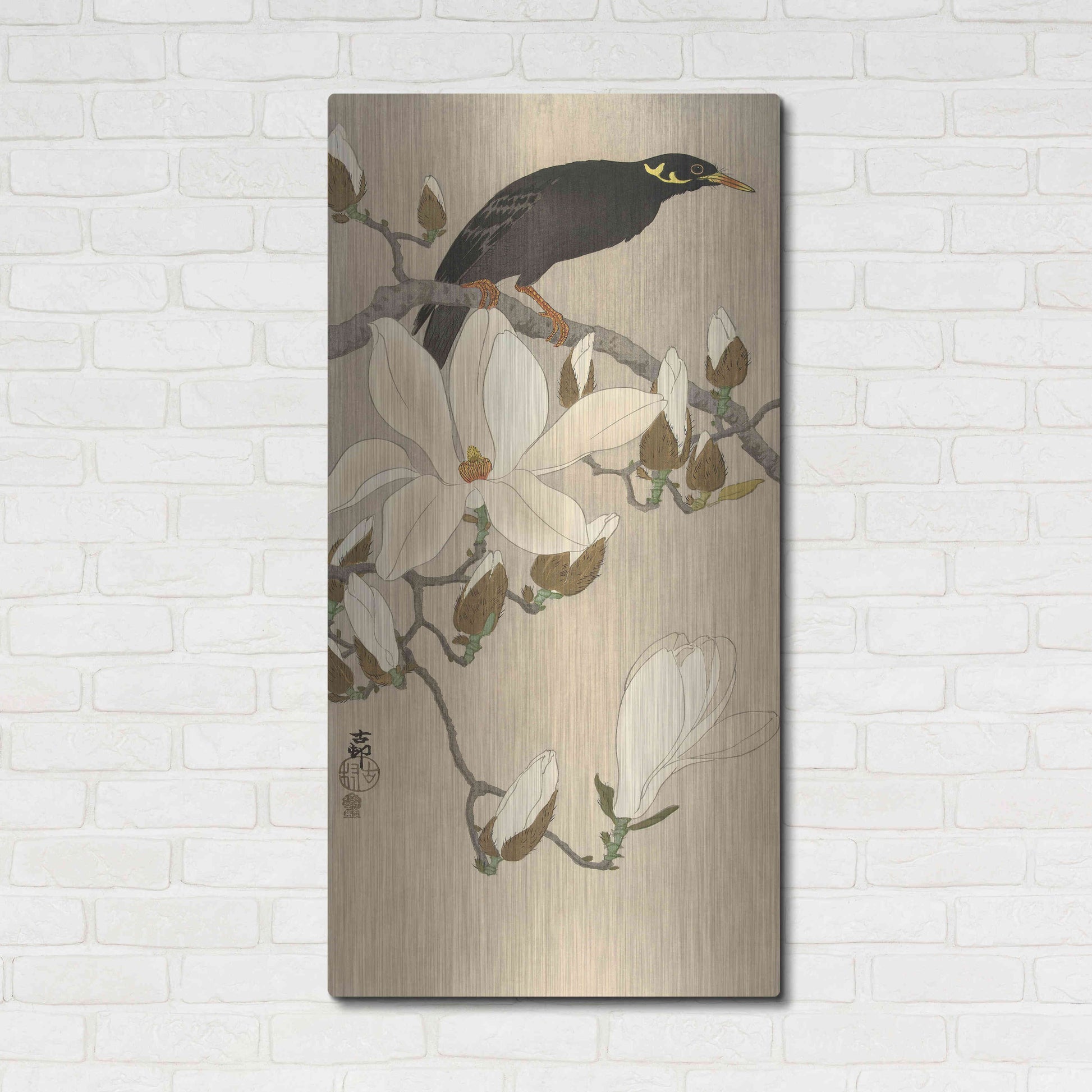 Luxe Metal Art 'Myna on Magnolia Branch 1900-1910' by Ohara Koson, Metal Wall Art,24x48