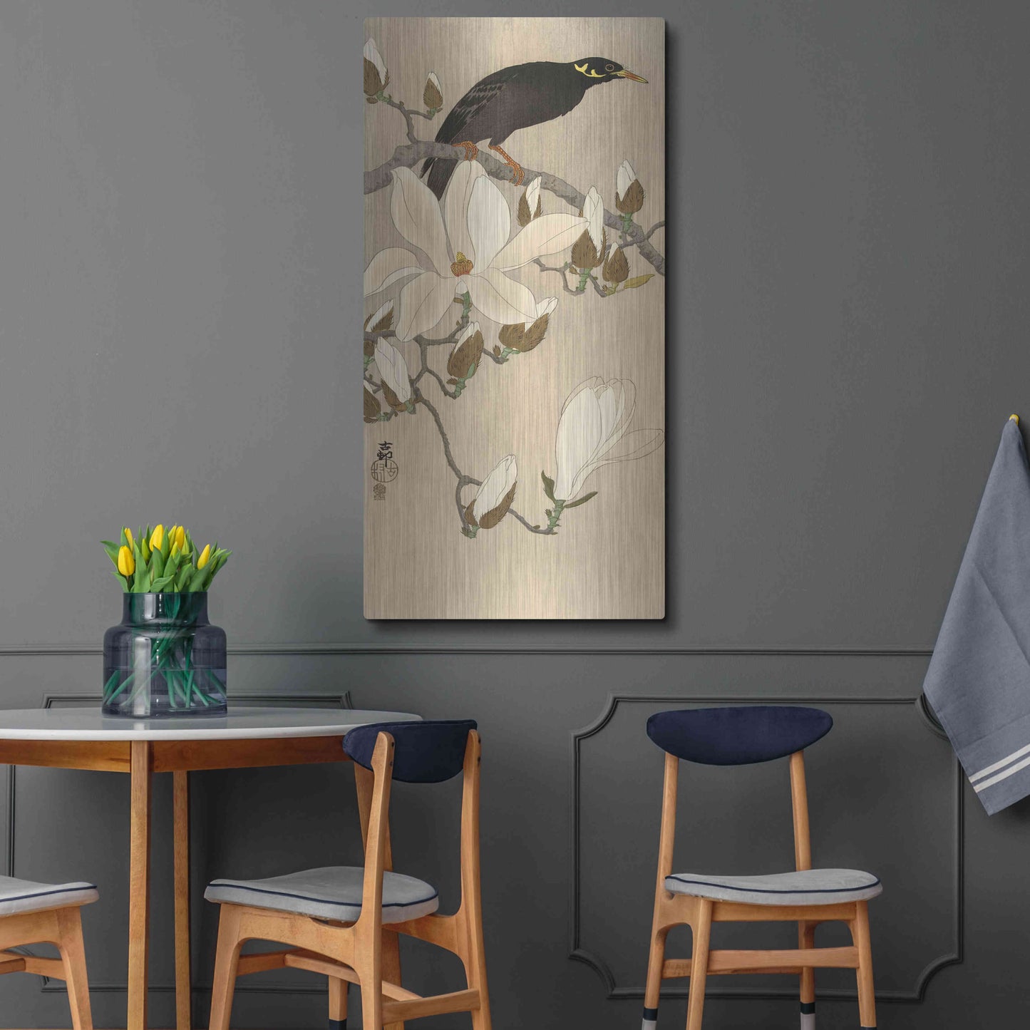 Luxe Metal Art 'Myna on Magnolia Branch 1900-1910' by Ohara Koson, Metal Wall Art,24x48