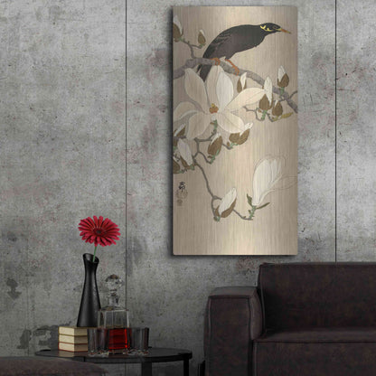 Luxe Metal Art 'Myna on Magnolia Branch 1900-1910' by Ohara Koson, Metal Wall Art,24x48