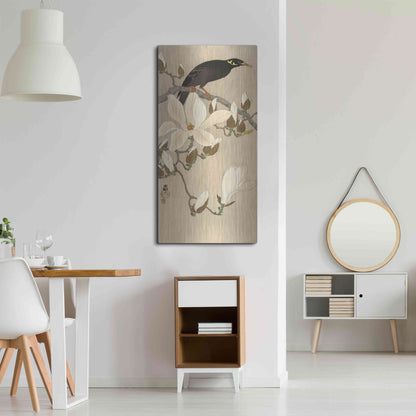 Luxe Metal Art 'Myna on Magnolia Branch 1900-1910' by Ohara Koson, Metal Wall Art,24x48