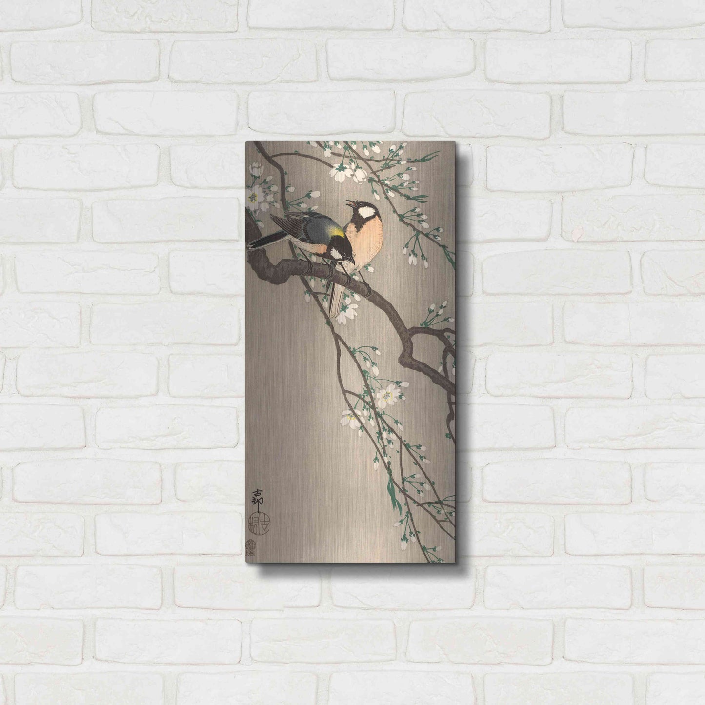 Luxe Metal Art 'Songbirds on Cherry Branch 1900-1910' by Ohara Koson, Metal Wall Art,12x24