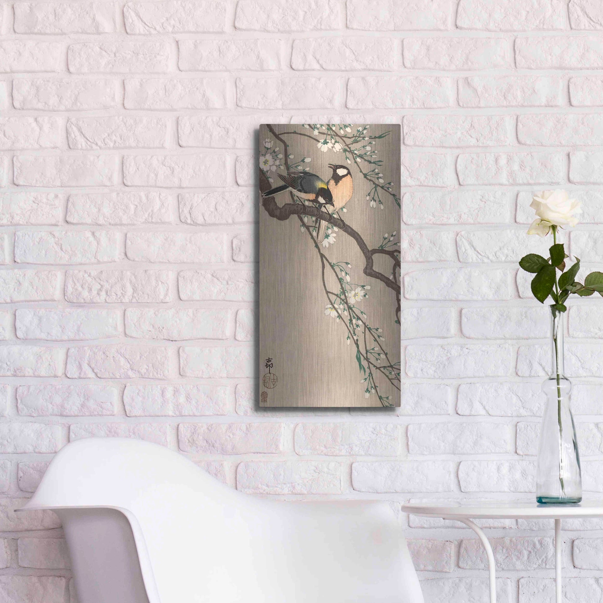 Luxe Metal Art 'Songbirds on Cherry Branch 1900-1910' by Ohara Koson, Metal Wall Art,12x24