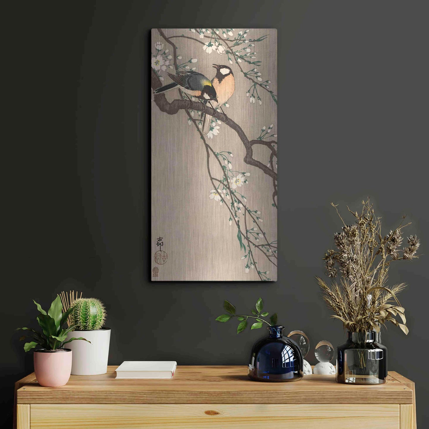 Luxe Metal Art 'Songbirds on Cherry Branch 1900-1910' by Ohara Koson, Metal Wall Art,12x24