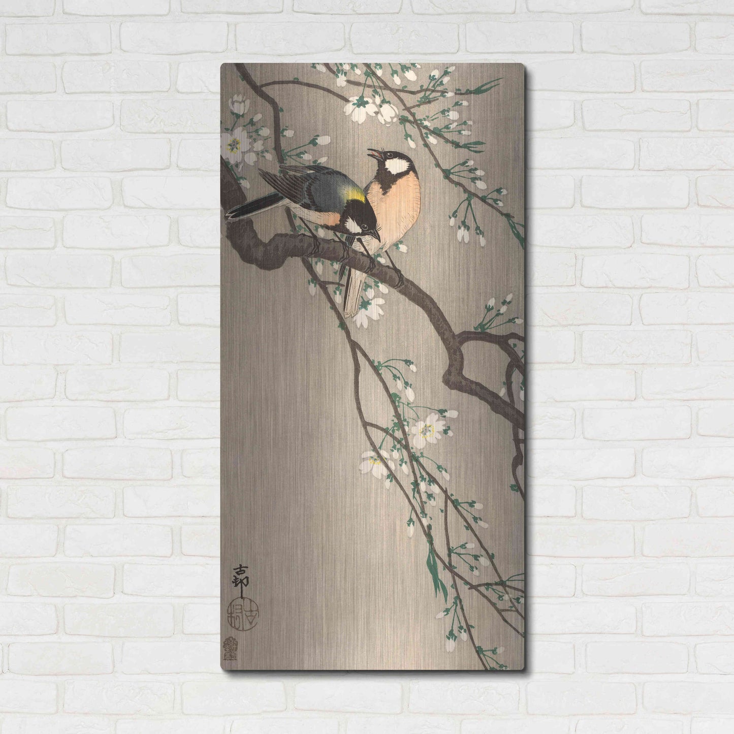 Luxe Metal Art 'Songbirds on Cherry Branch 1900-1910' by Ohara Koson, Metal Wall Art,24x48