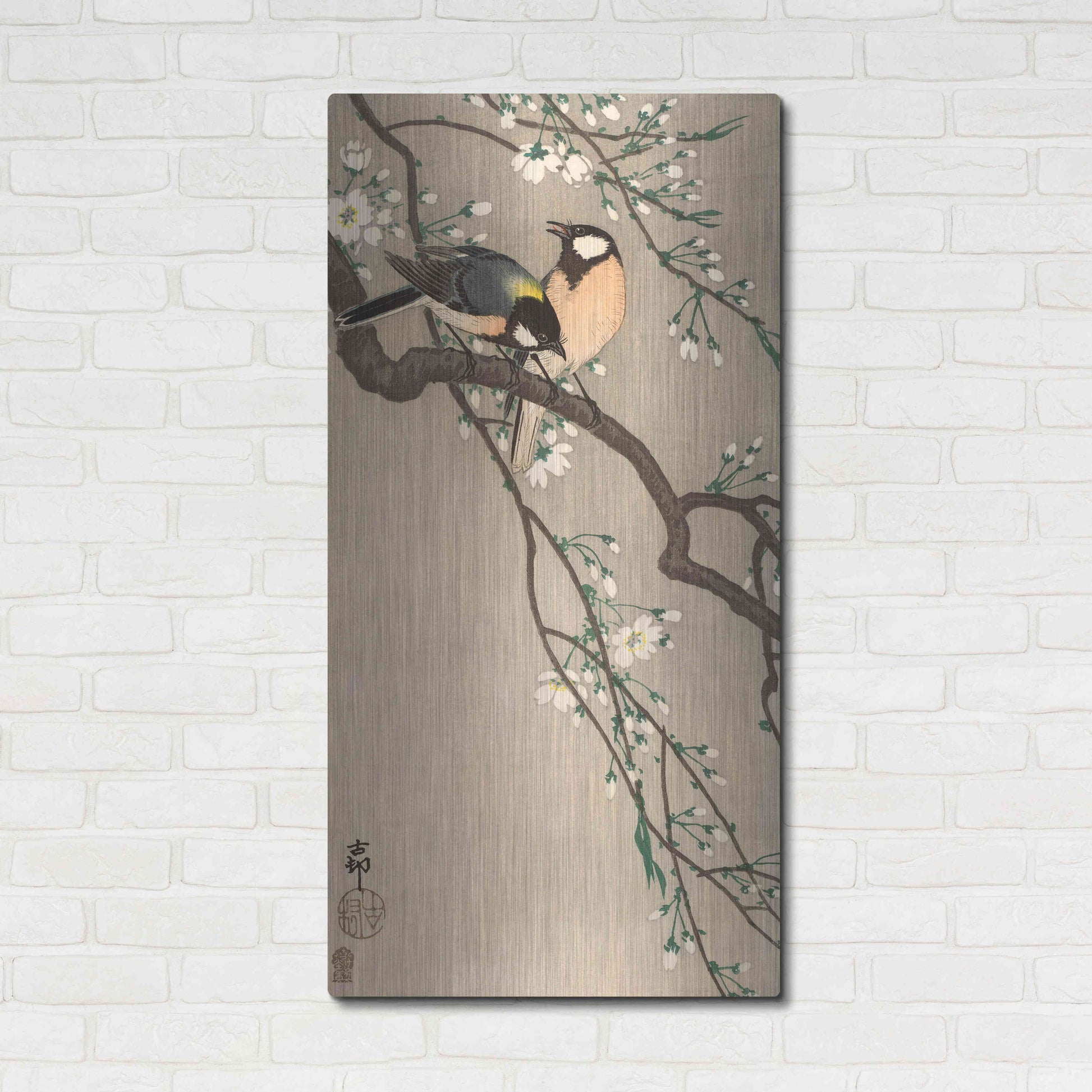 Luxe Metal Art 'Songbirds on Cherry Branch 1900-1910' by Ohara Koson, Metal Wall Art,24x48