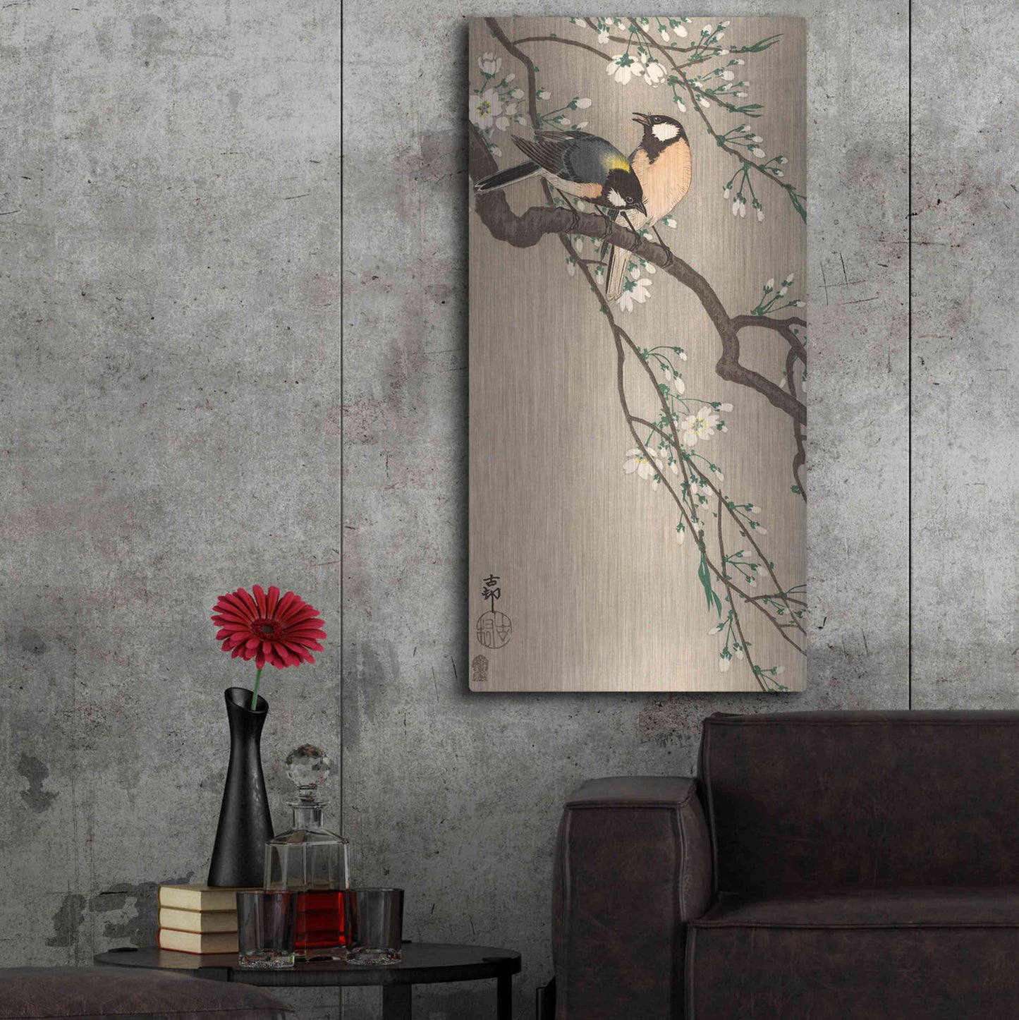 Luxe Metal Art 'Songbirds on Cherry Branch 1900-1910' by Ohara Koson, Metal Wall Art,24x48