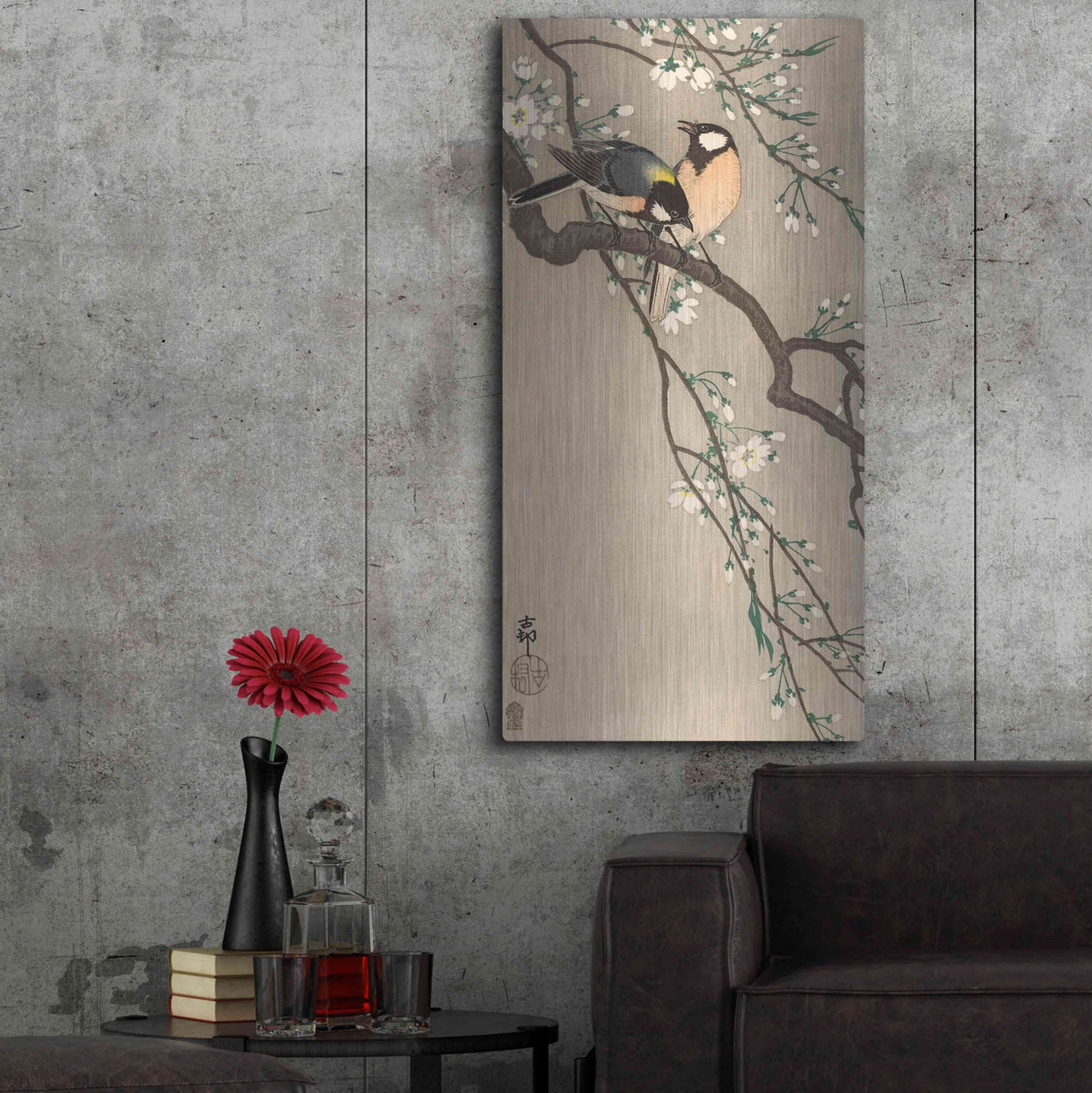 Luxe Metal Art 'Songbirds on Cherry Branch 1900-1910' by Ohara Koson, Metal Wall Art,24x48