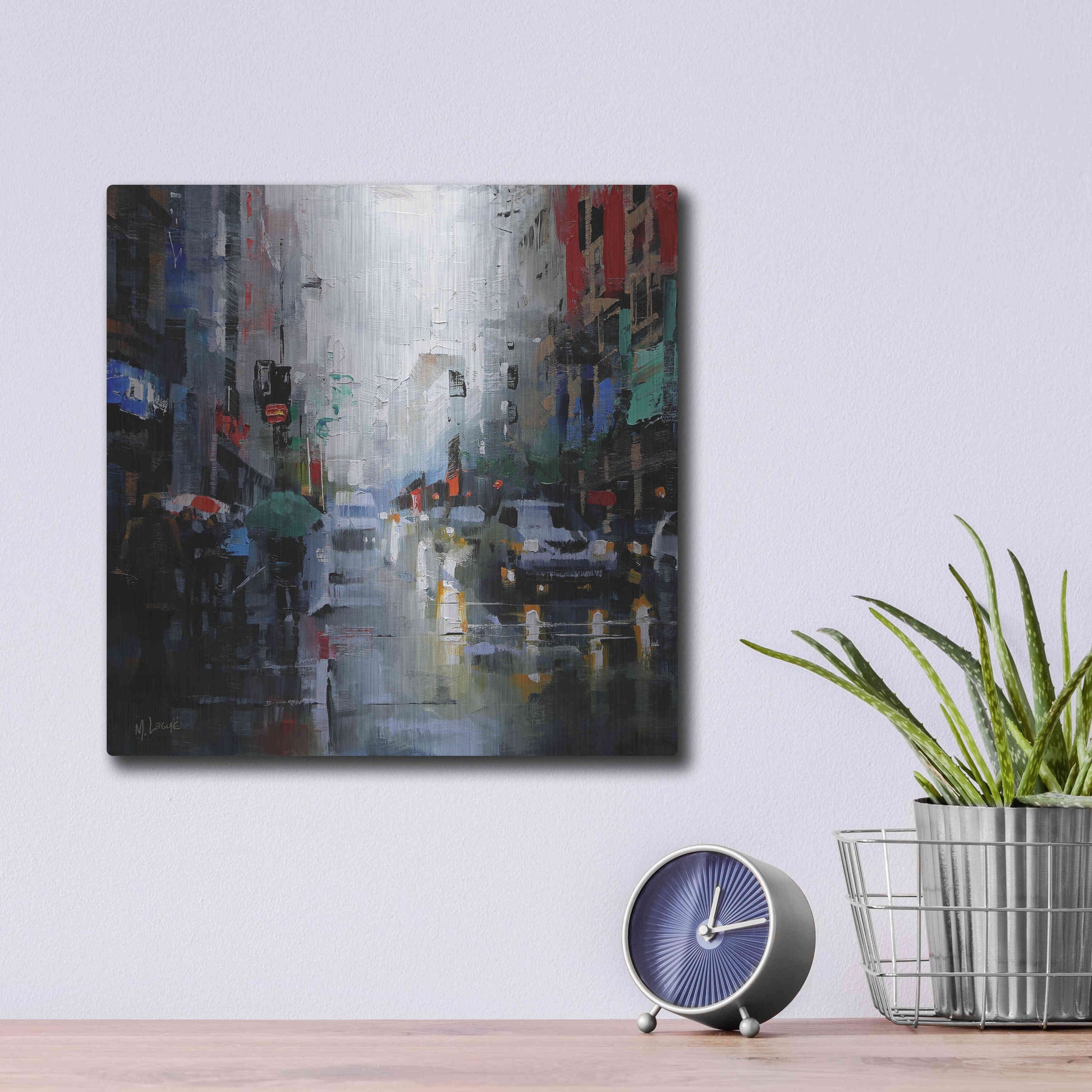 Luxe Metal Art 'St. Catherine Street Rain' by Mark Lague, Metal Wall Art,12x12