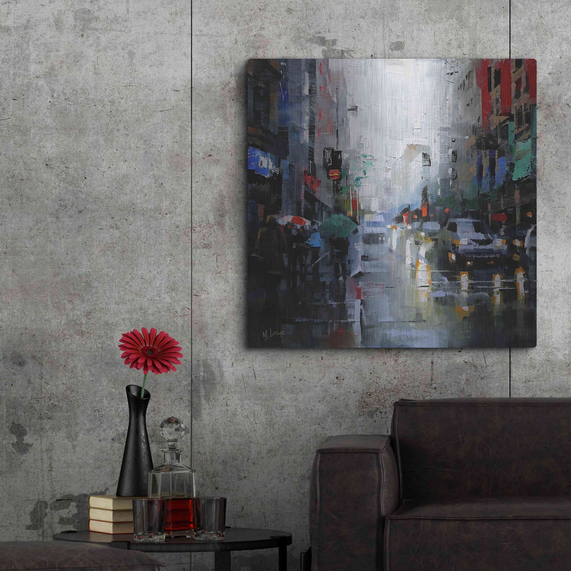 Luxe Metal Art 'St. Catherine Street Rain' by Mark Lague, Metal Wall Art,36x36