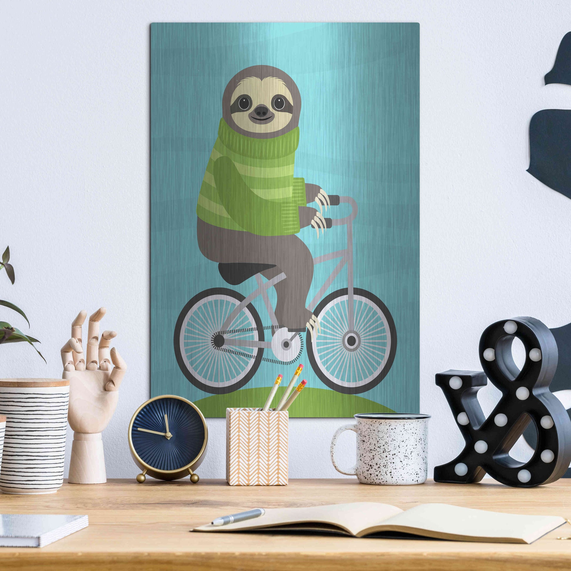 Luxe Metal Art 'Cycling Sloth' by Nancy Lee, Metal Wall Art,12x16