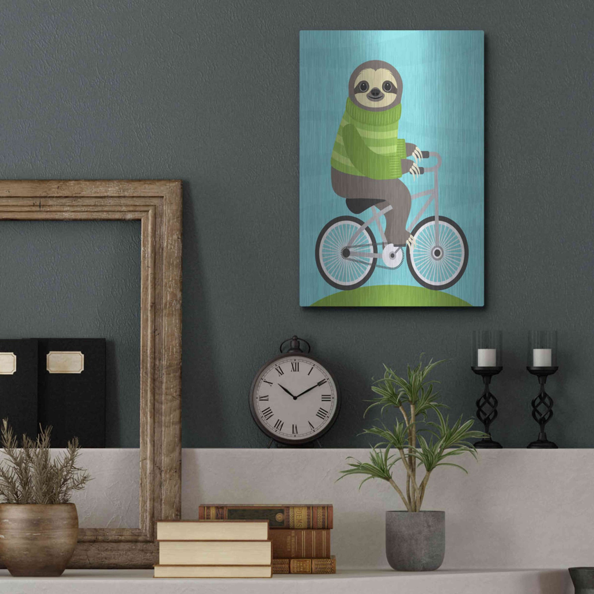 Luxe Metal Art 'Cycling Sloth' by Nancy Lee, Metal Wall Art,12x16