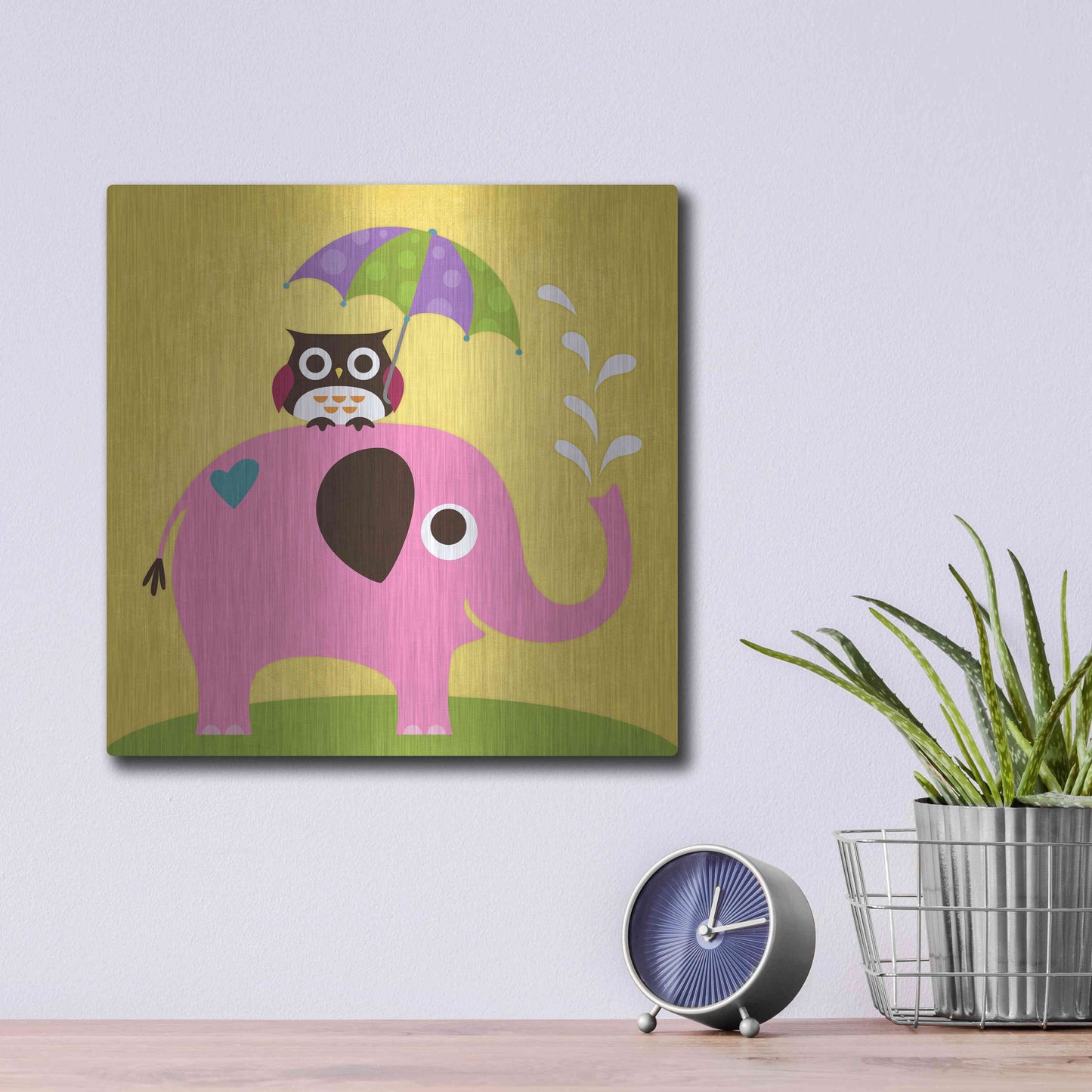 Luxe Metal Art 'Elephant and Owl with Umbrella' by Nancy Lee, Metal Wall Art,12x12