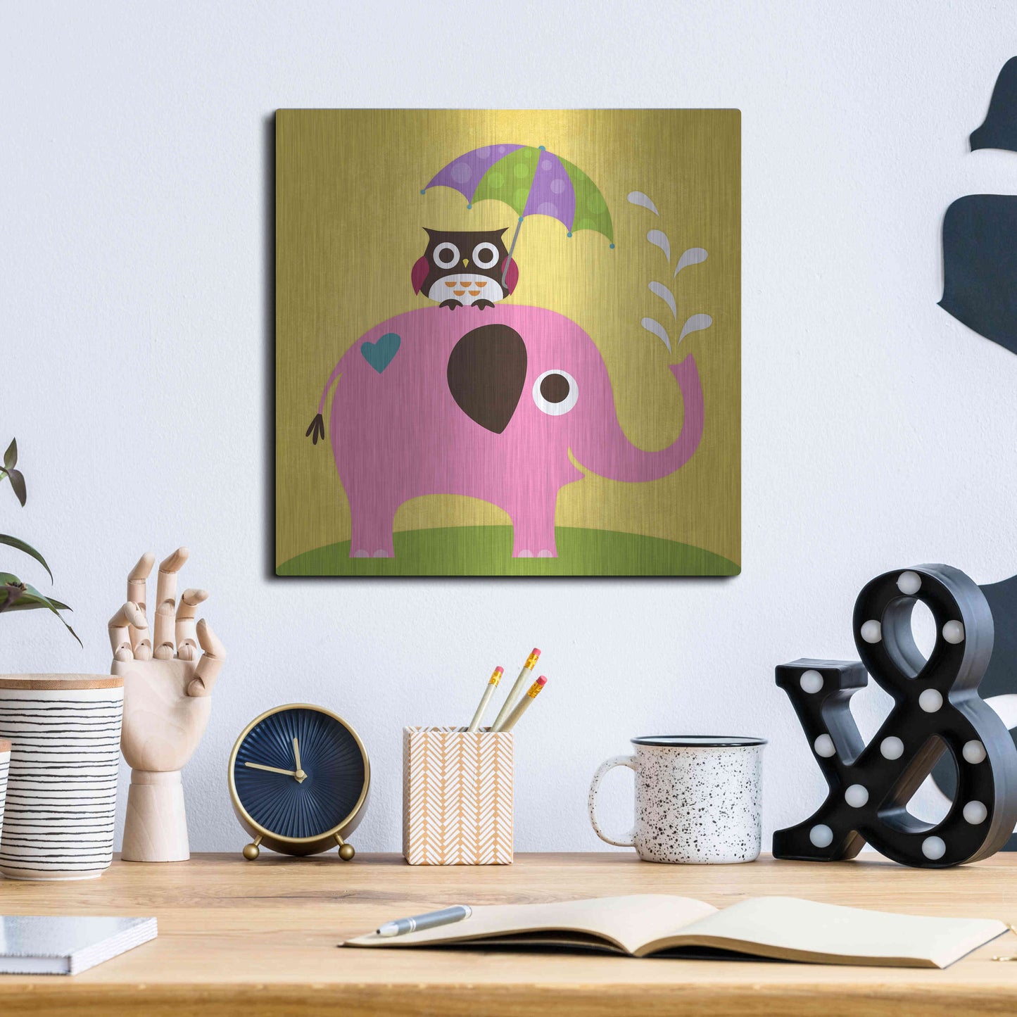 Luxe Metal Art 'Elephant and Owl with Umbrella' by Nancy Lee, Metal Wall Art,12x12