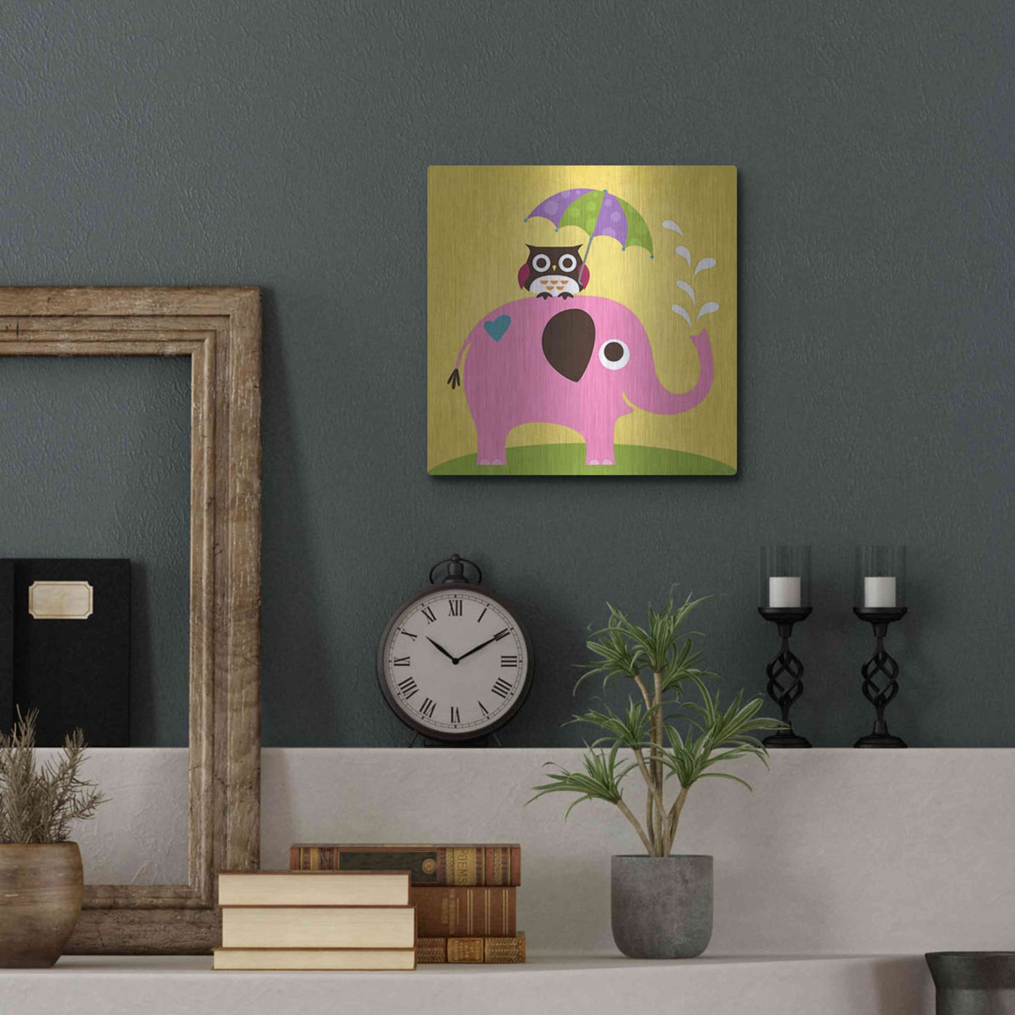 Luxe Metal Art 'Elephant and Owl with Umbrella' by Nancy Lee, Metal Wall Art,12x12