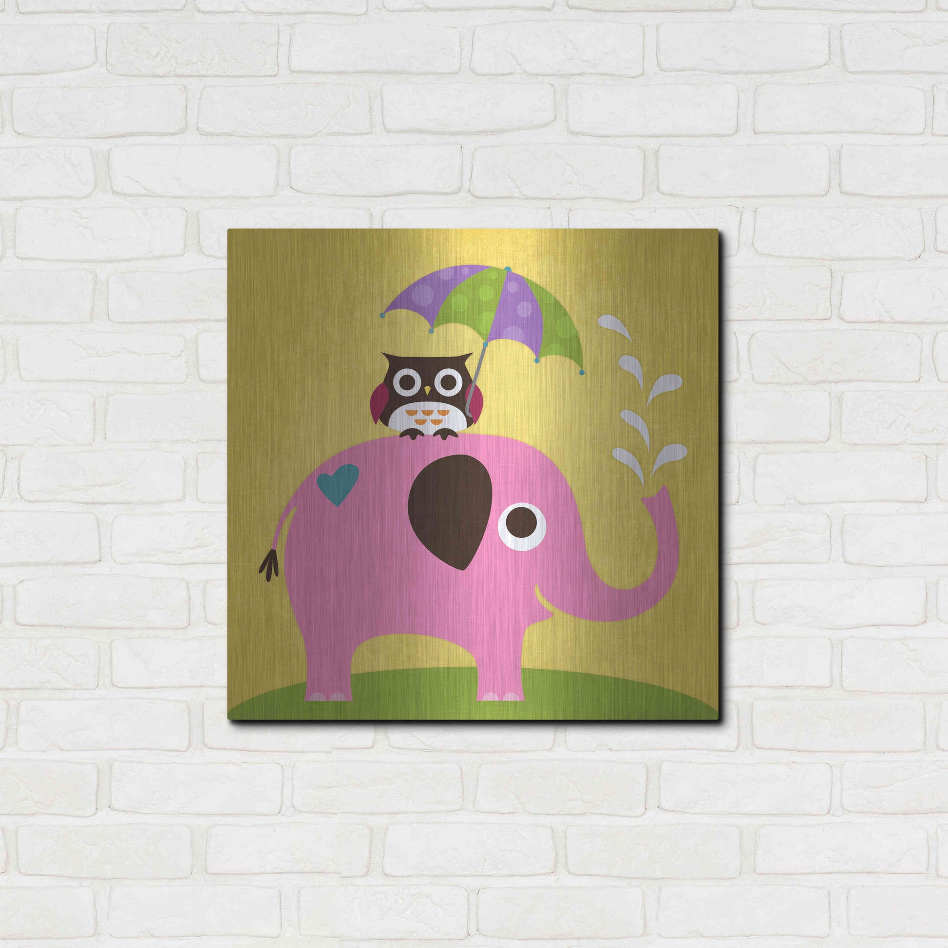 Luxe Metal Art 'Elephant and Owl with Umbrella' by Nancy Lee, Metal Wall Art,24x24