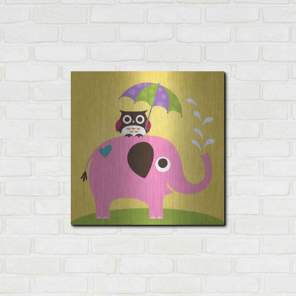 Luxe Metal Art 'Elephant and Owl with Umbrella' by Nancy Lee, Metal Wall Art,24x24