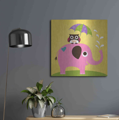 Luxe Metal Art 'Elephant and Owl with Umbrella' by Nancy Lee, Metal Wall Art,24x24