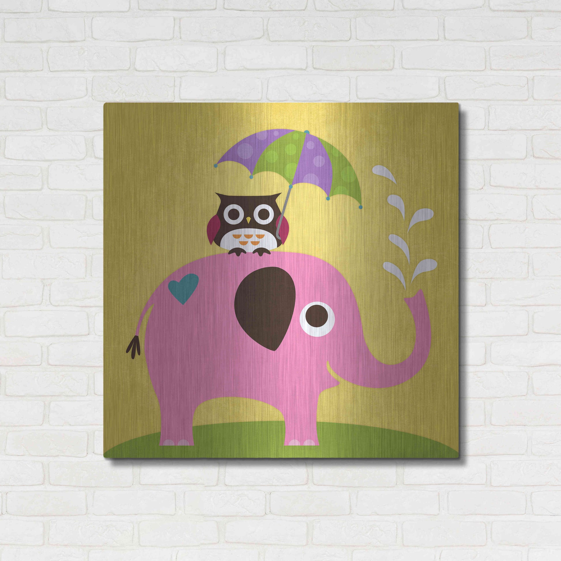 Luxe Metal Art 'Elephant and Owl with Umbrella' by Nancy Lee, Metal Wall Art,36x36