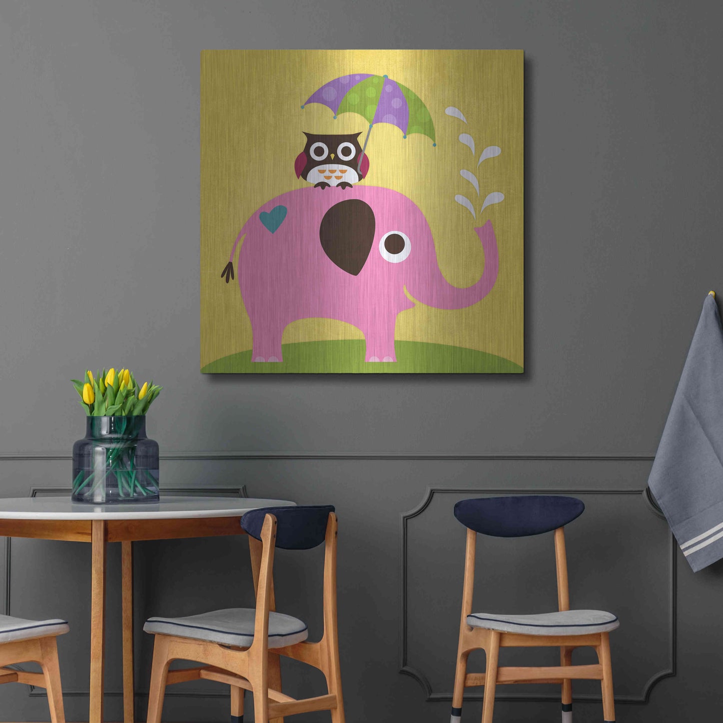 Luxe Metal Art 'Elephant and Owl with Umbrella' by Nancy Lee, Metal Wall Art,36x36