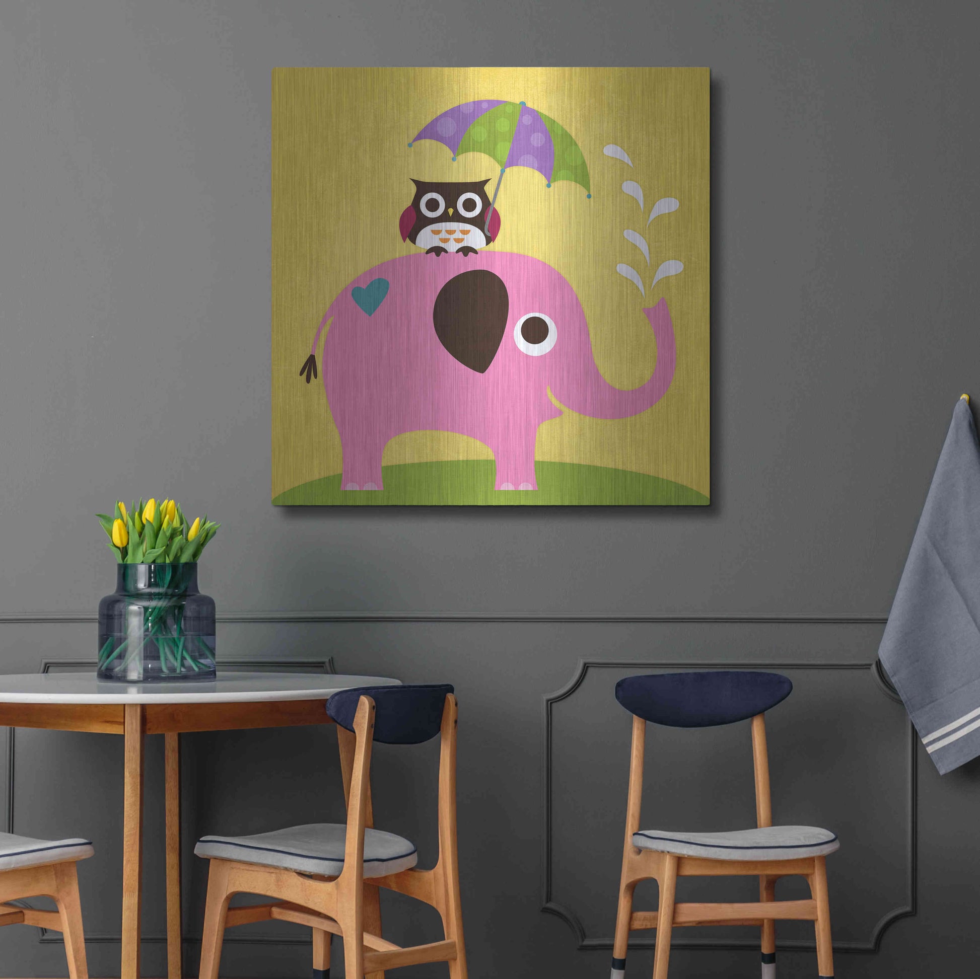 Luxe Metal Art 'Elephant and Owl with Umbrella' by Nancy Lee, Metal Wall Art,36x36