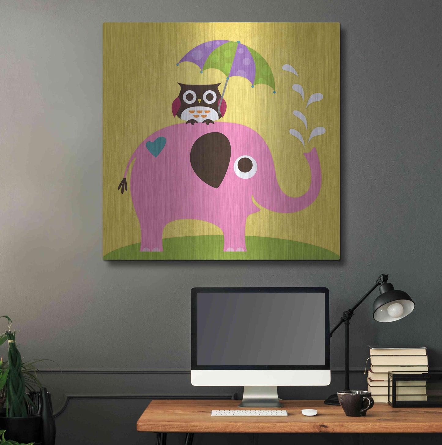 Luxe Metal Art 'Elephant and Owl with Umbrella' by Nancy Lee, Metal Wall Art,36x36