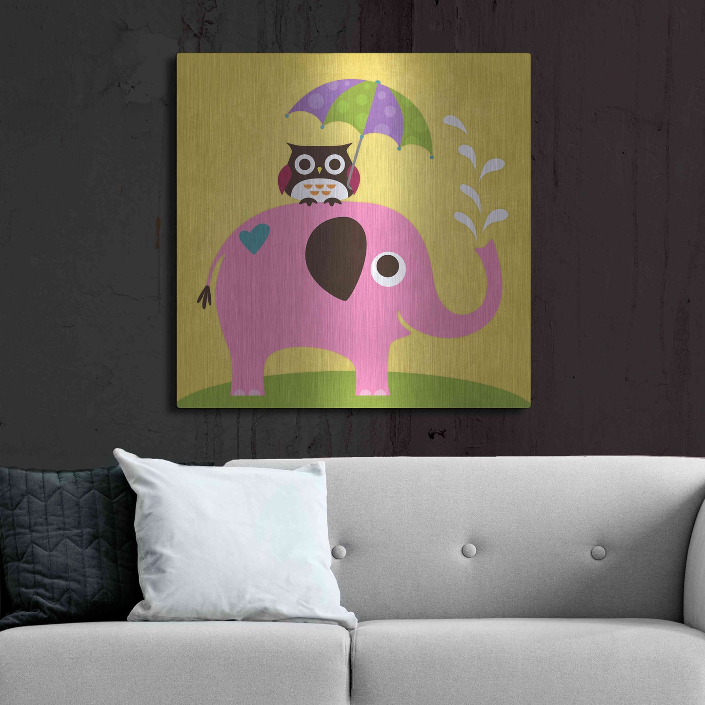 Luxe Metal Art 'Elephant and Owl with Umbrella' by Nancy Lee, Metal Wall Art,36x36