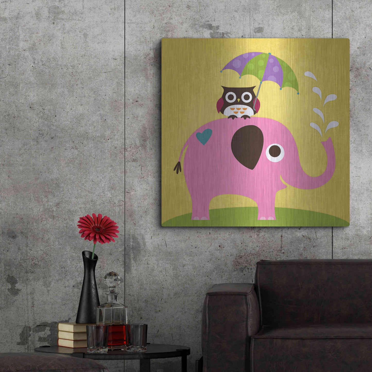 Luxe Metal Art 'Elephant and Owl with Umbrella' by Nancy Lee, Metal Wall Art,36x36