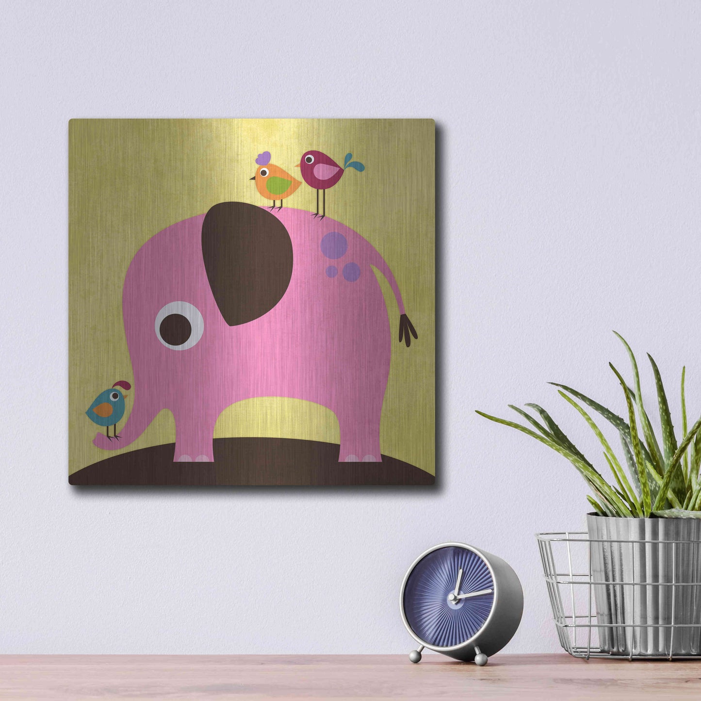 Luxe Metal Art 'Elephant with Birds' by Nancy Lee, Metal Wall Art,12x12