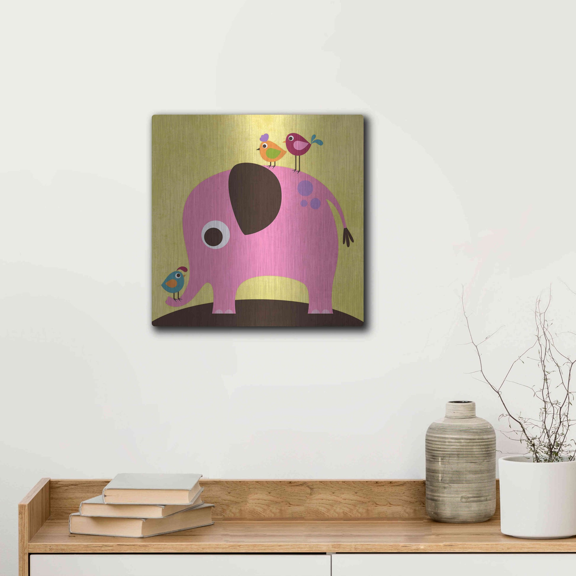 Luxe Metal Art 'Elephant with Birds' by Nancy Lee, Metal Wall Art,12x12