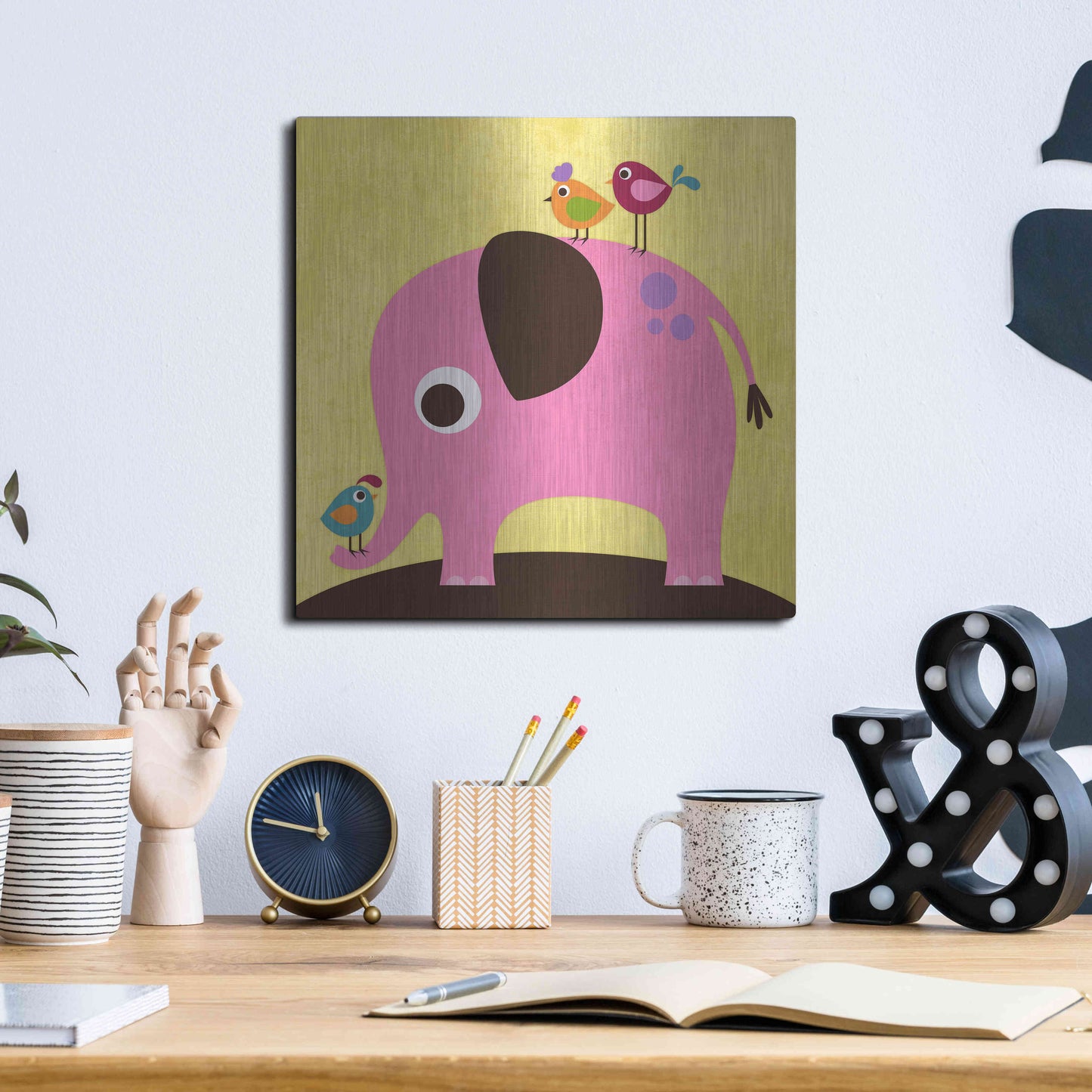 Luxe Metal Art 'Elephant with Birds' by Nancy Lee, Metal Wall Art,12x12