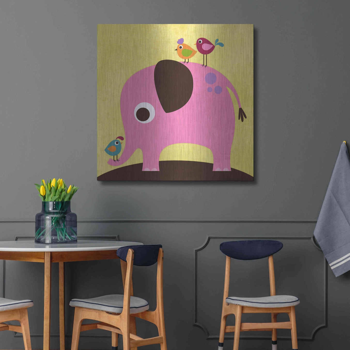 Luxe Metal Art 'Elephant with Birds' by Nancy Lee, Metal Wall Art,36x36