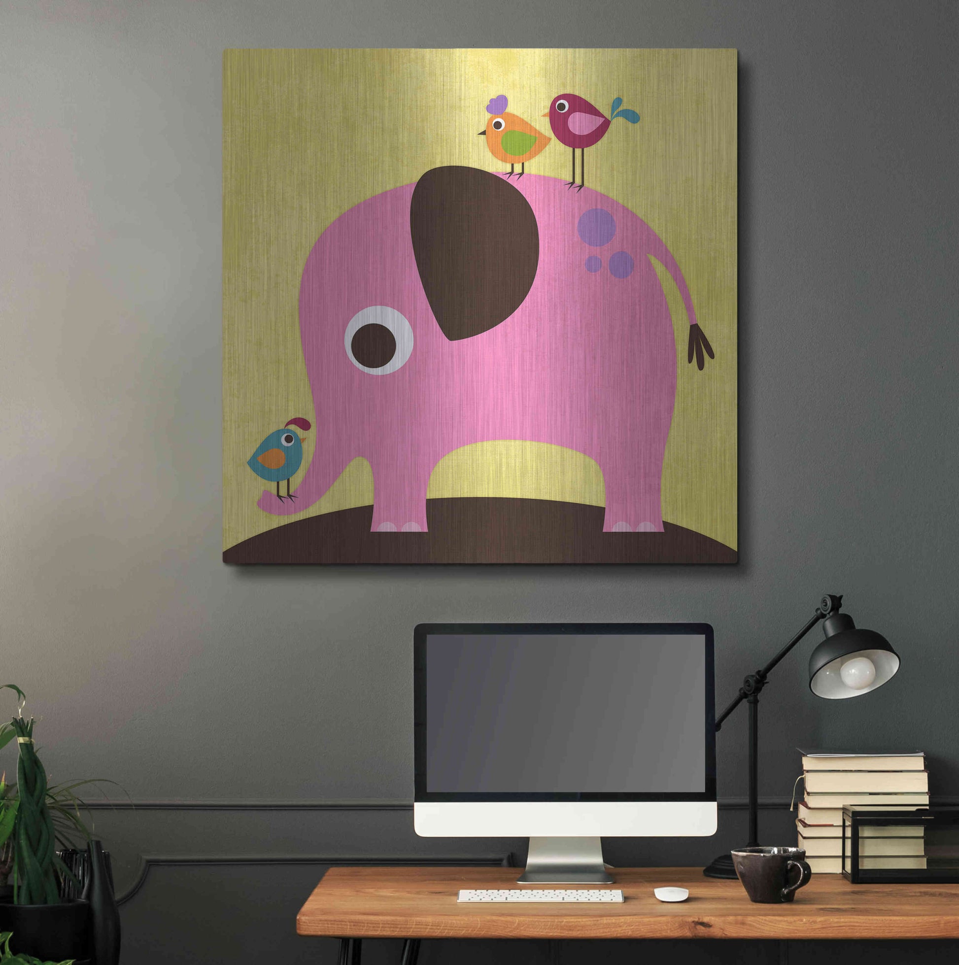 Luxe Metal Art 'Elephant with Birds' by Nancy Lee, Metal Wall Art,36x36