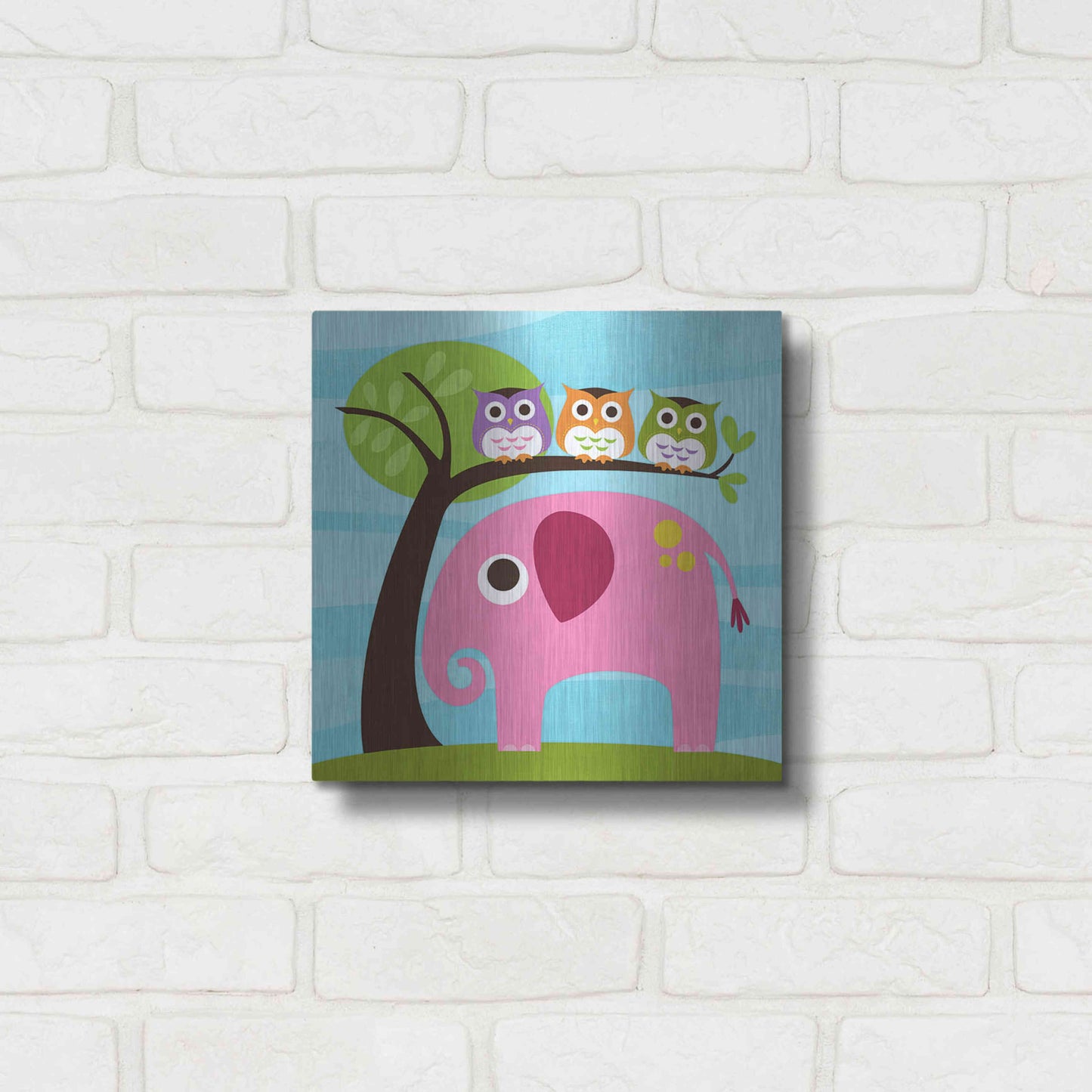 Luxe Metal Art 'Elephant with Three Owls' by Nancy Lee, Metal Wall Art,12x12