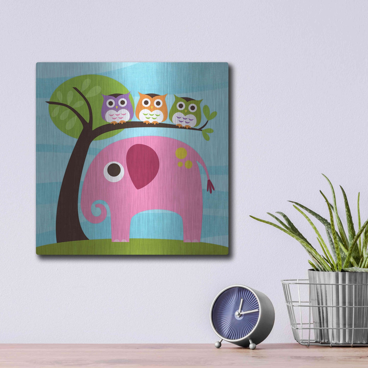 Luxe Metal Art 'Elephant with Three Owls' by Nancy Lee, Metal Wall Art,12x12