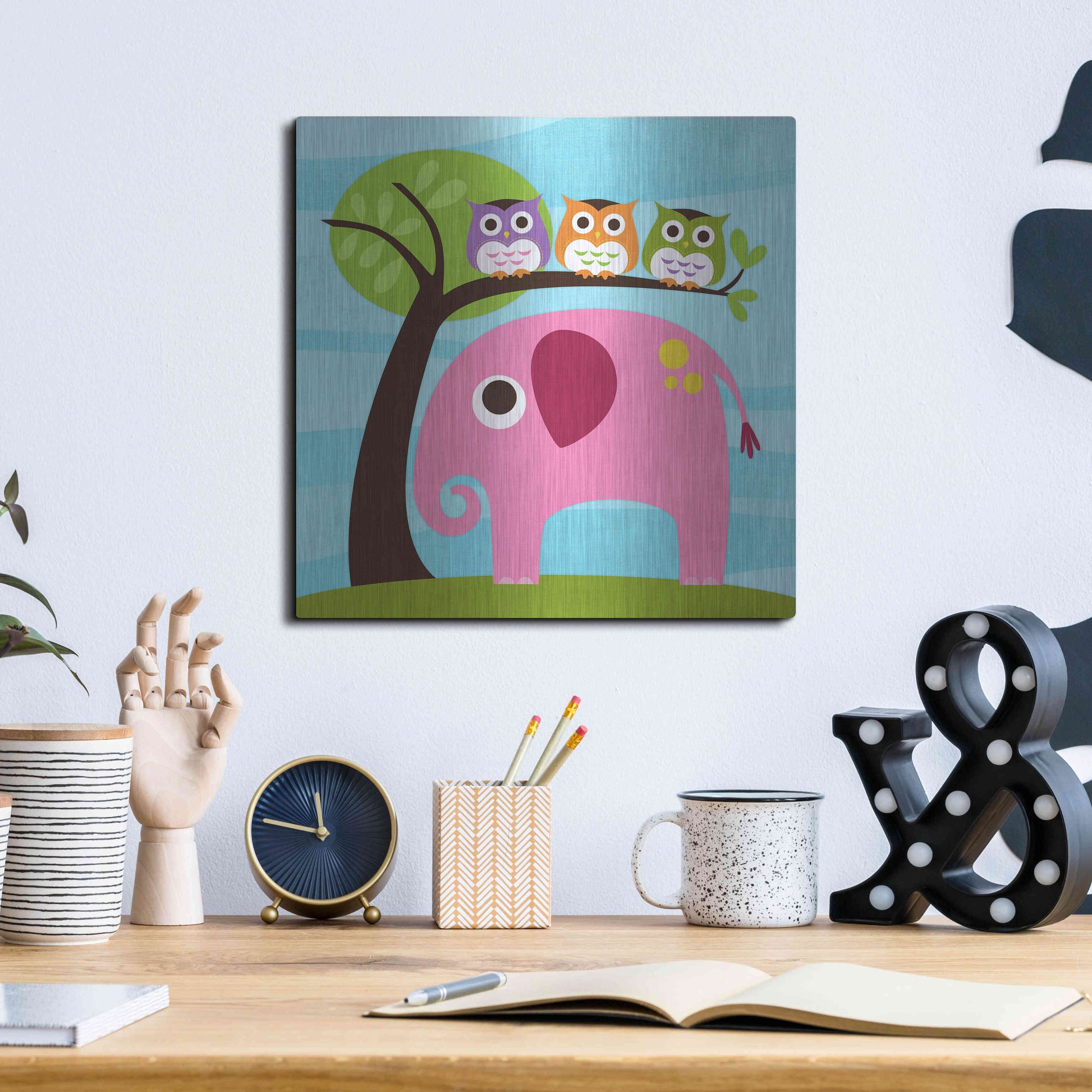 Luxe Metal Art 'Elephant with Three Owls' by Nancy Lee, Metal Wall Art,12x12