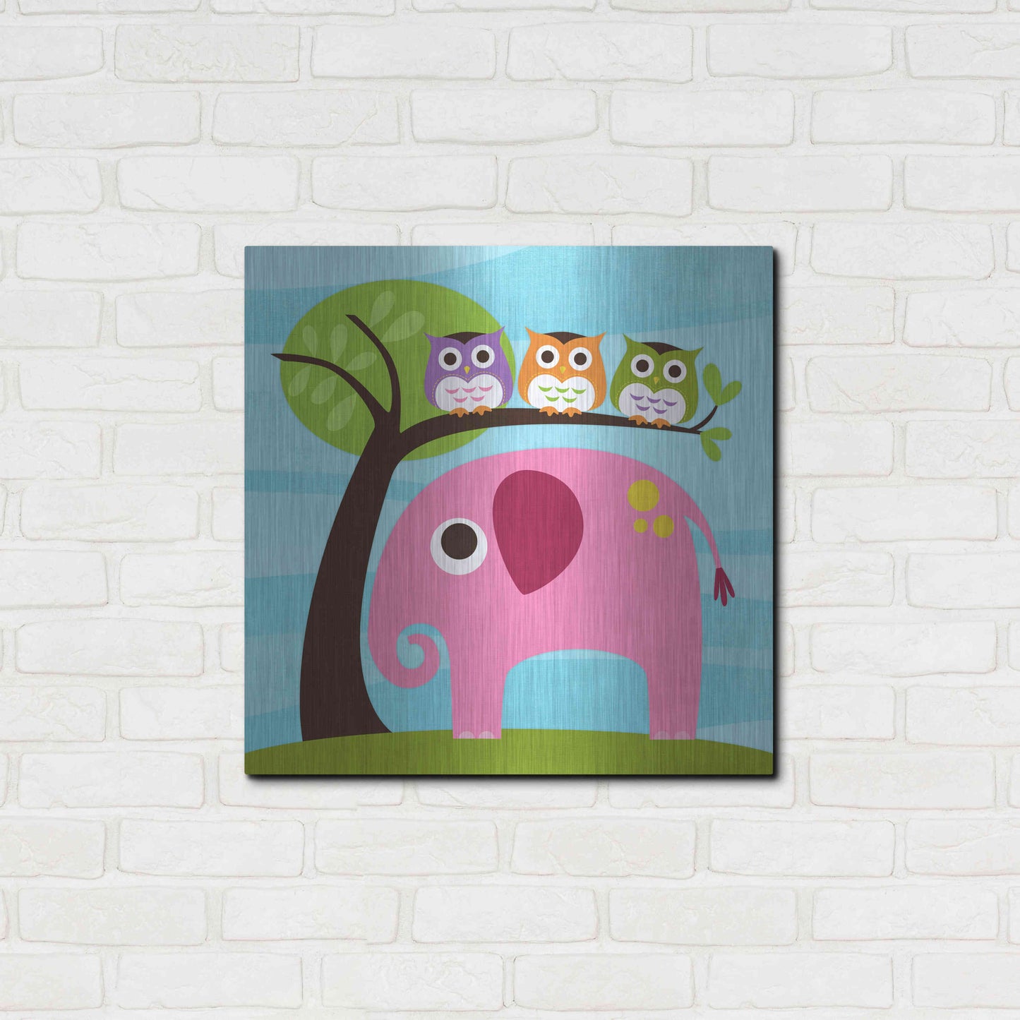 Luxe Metal Art 'Elephant with Three Owls' by Nancy Lee, Metal Wall Art,24x24