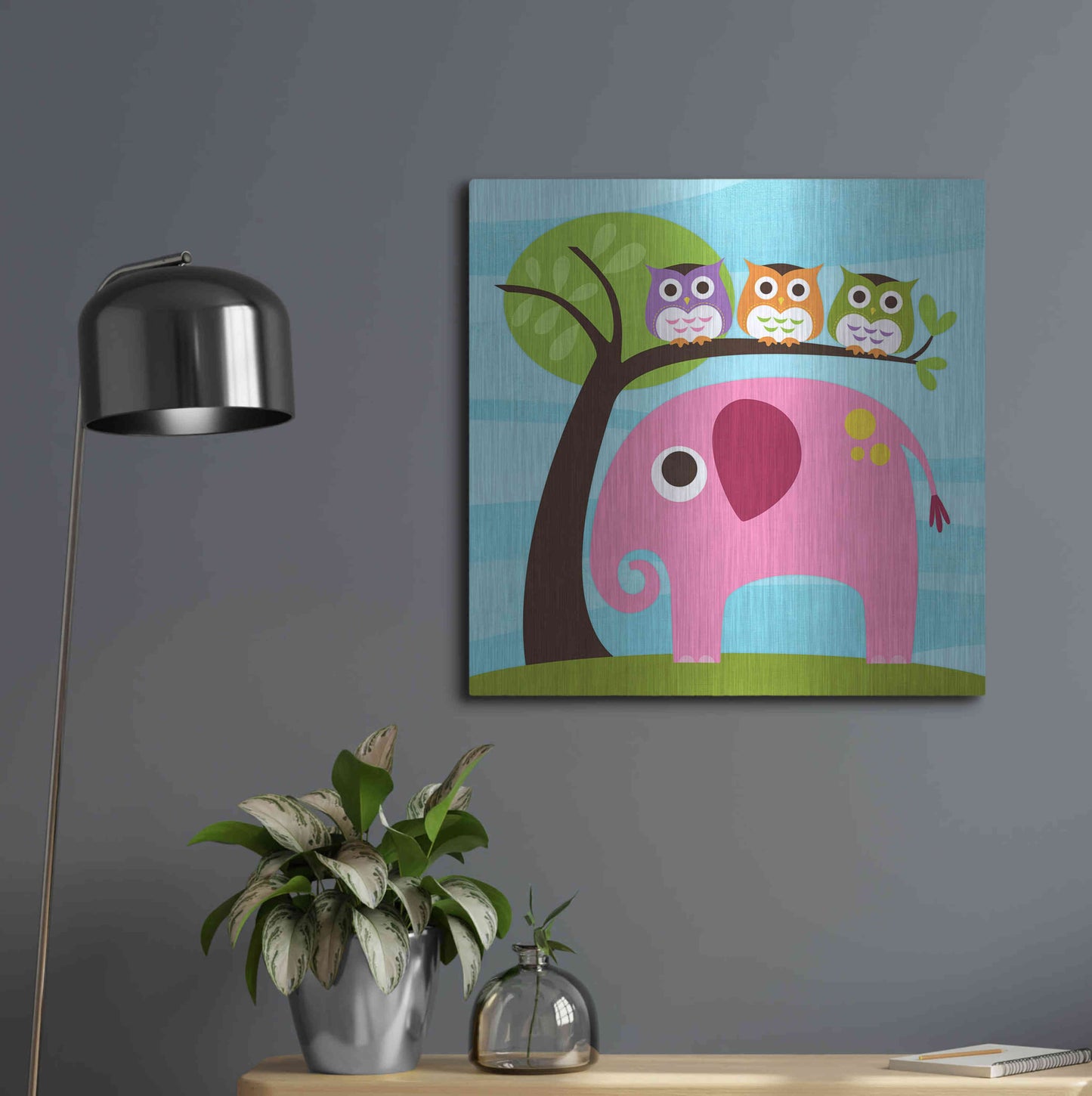 Luxe Metal Art 'Elephant with Three Owls' by Nancy Lee, Metal Wall Art,24x24