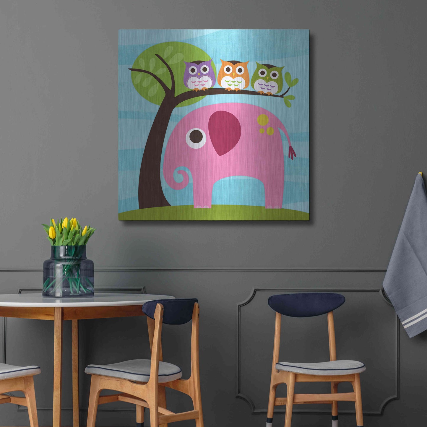 Luxe Metal Art 'Elephant with Three Owls' by Nancy Lee, Metal Wall Art,36x36