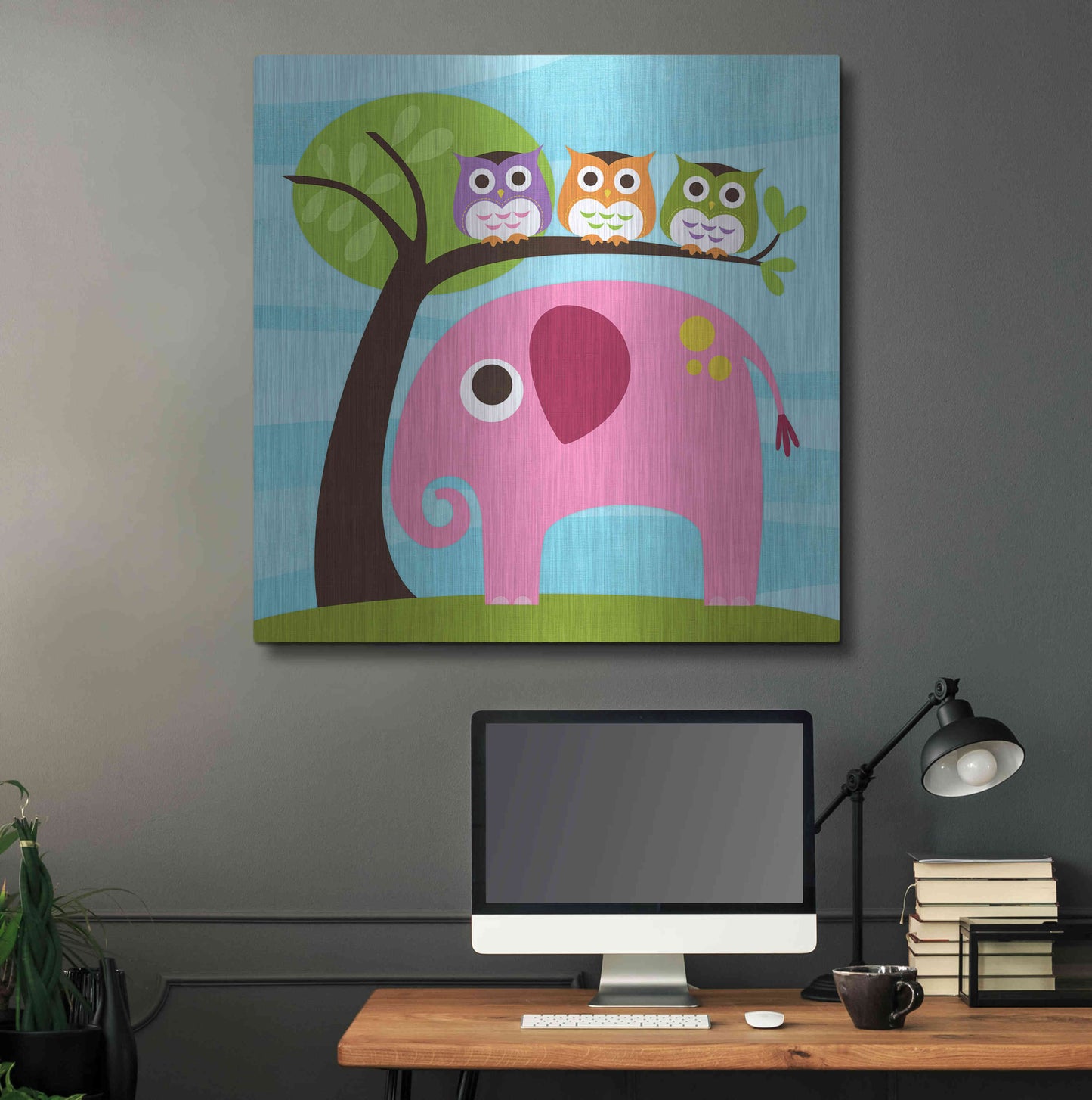 Luxe Metal Art 'Elephant with Three Owls' by Nancy Lee, Metal Wall Art,36x36