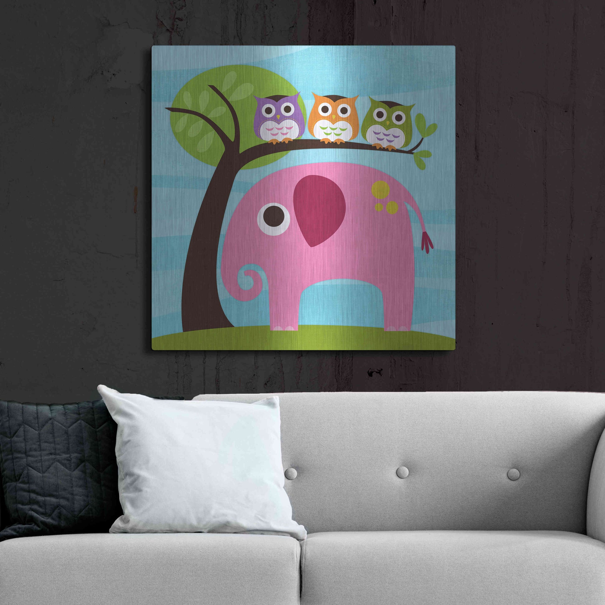 Luxe Metal Art 'Elephant with Three Owls' by Nancy Lee, Metal Wall Art,36x36