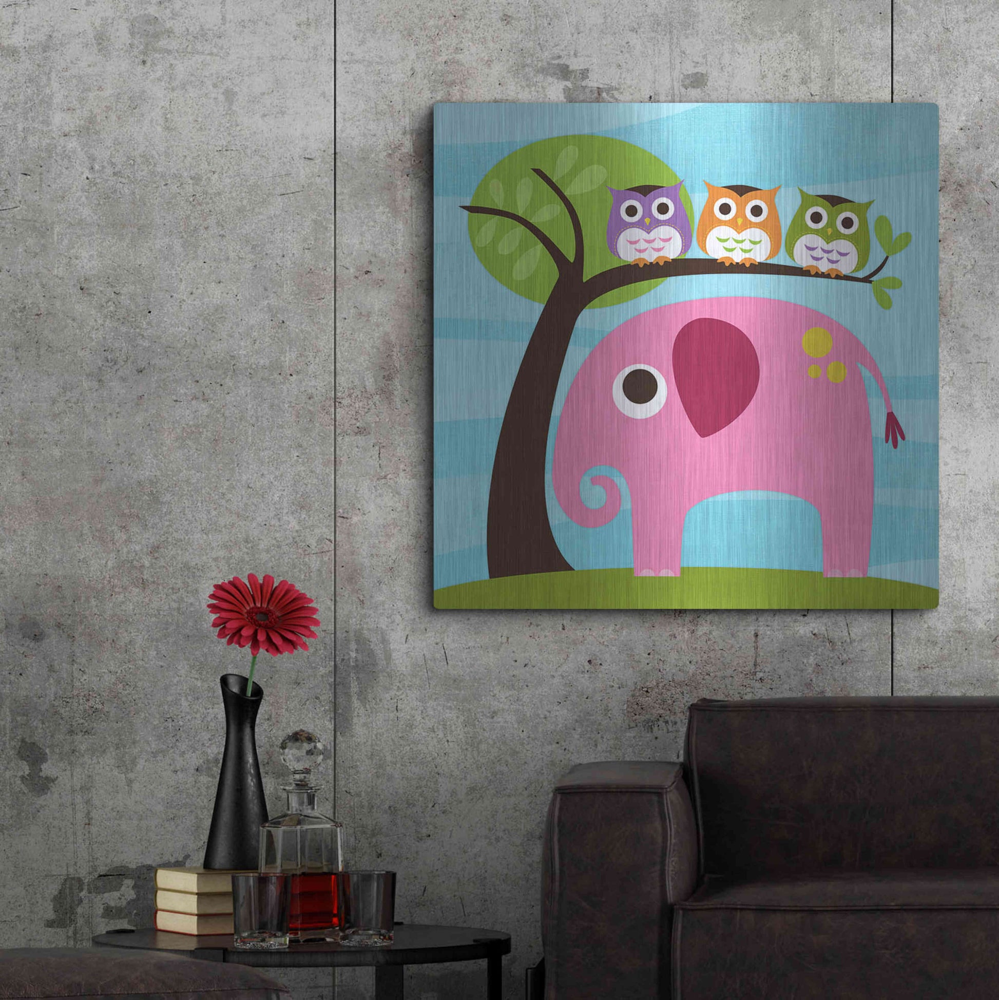 Luxe Metal Art 'Elephant with Three Owls' by Nancy Lee, Metal Wall Art,36x36