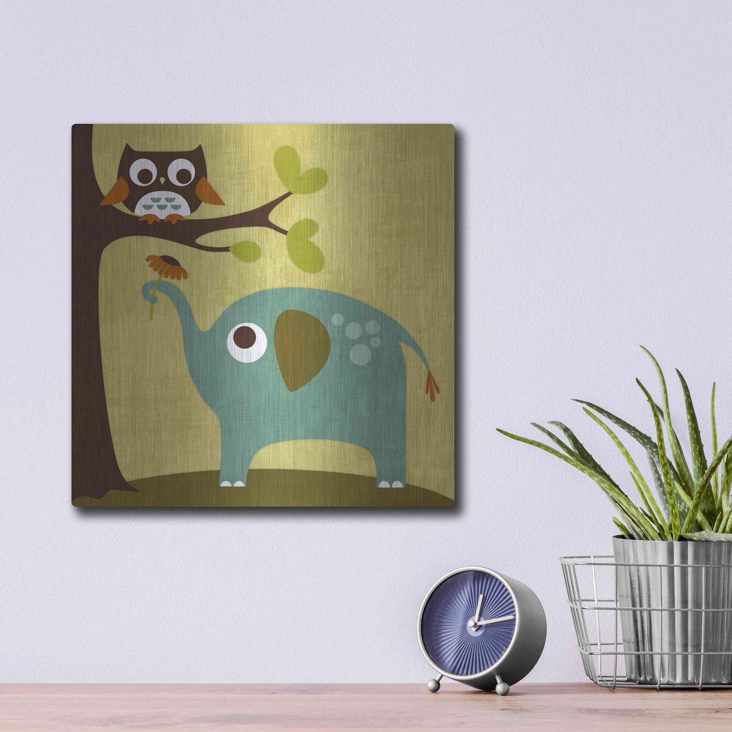 Luxe Metal Art 'Owl and Elephant' by Nancy Lee, Metal Wall Art,12x12