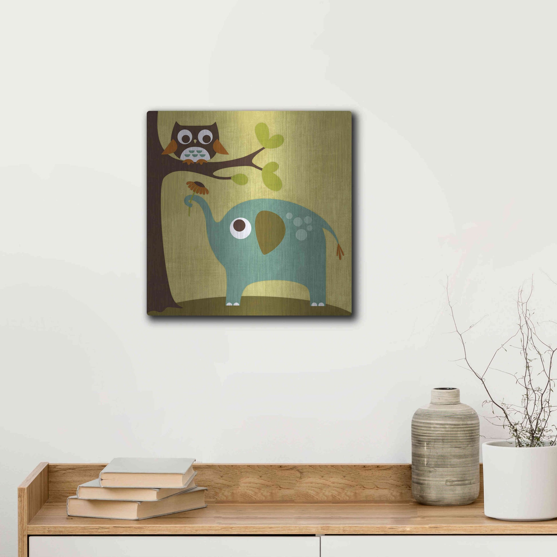 Luxe Metal Art 'Owl and Elephant' by Nancy Lee, Metal Wall Art,12x12